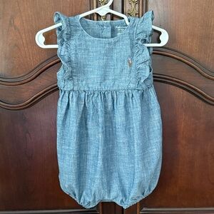 Ralph Lauren Baby Girl Chambray Romper 9M VGUC Ruffle Sleeve Blue